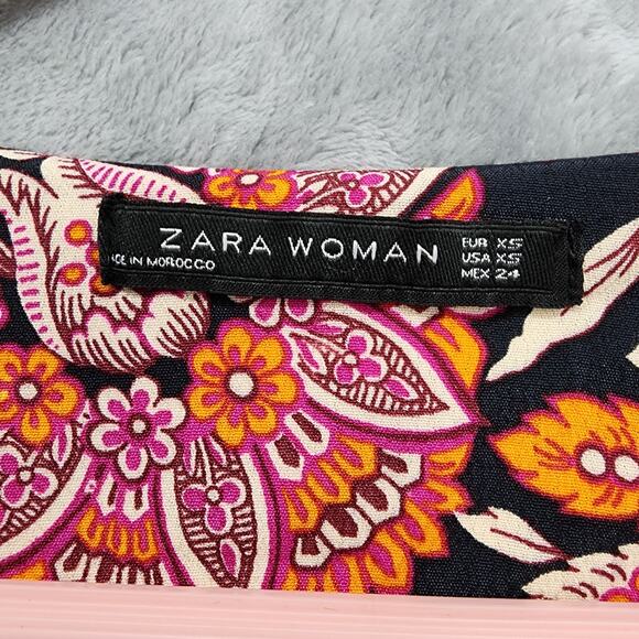 ZARA WOMAN Dress Size XS Floral V-Neck Short Ruffle Sleeve Button Front Tie Back - Picture 3 of 8